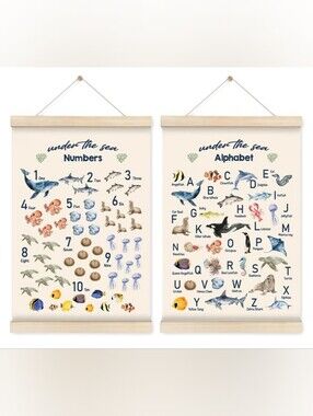 Ocean Alphabet and Numbers Poster Set – Sea Animal A–Z Wall Art, 12in x 16in